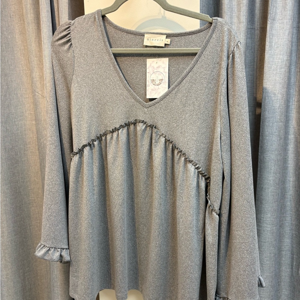 Silver V-Neck Ruffle Blouse